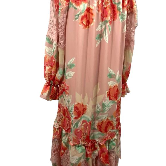 Champagne Strawberry Tiered Maxi Dress size Small Off Shoulder Long Sleeve Flora - Picture 13 of 16
